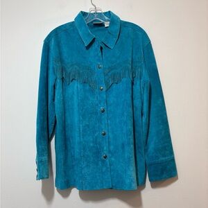 Chicos Suede Fringe Jacket Sz 2/L Western Cowboy Rodeo Perforated Turquoise